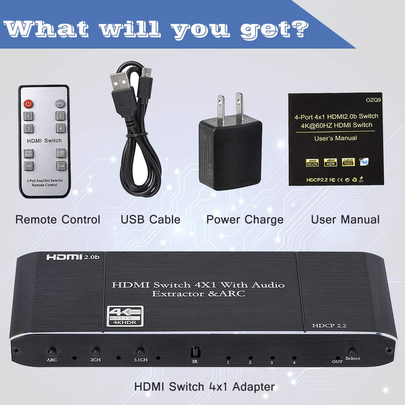  [AUSTRALIA] - HDMI Switch 4x1, HDMI Switch 4 in 1 Out, 4K@60Hz HDMI Switcher 4 Port with Audio Extractor Support HDCP 2.2, HDMI 2.0b, HDR Compatible for Fire TV, STB, DVD, Blu-Ray Player, PS4 Etc