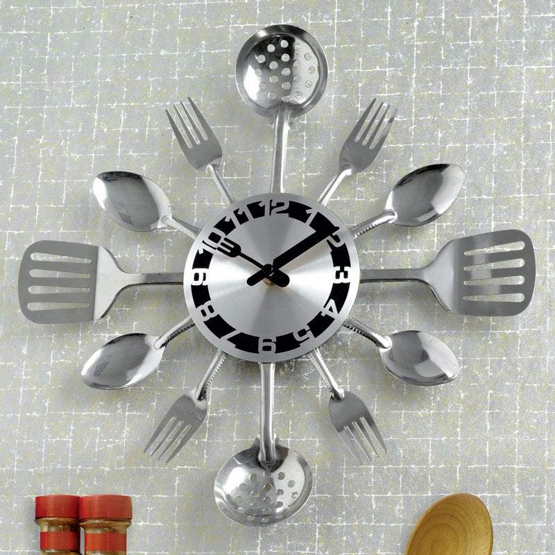 Bits and Pieces - Contemporary Kitchen Utensil Clock-Silver-Toned Forks, Spoons, Spatulas Wall Clock - Kitchen Décor, Unique Fun Gift - LeoForward Australia