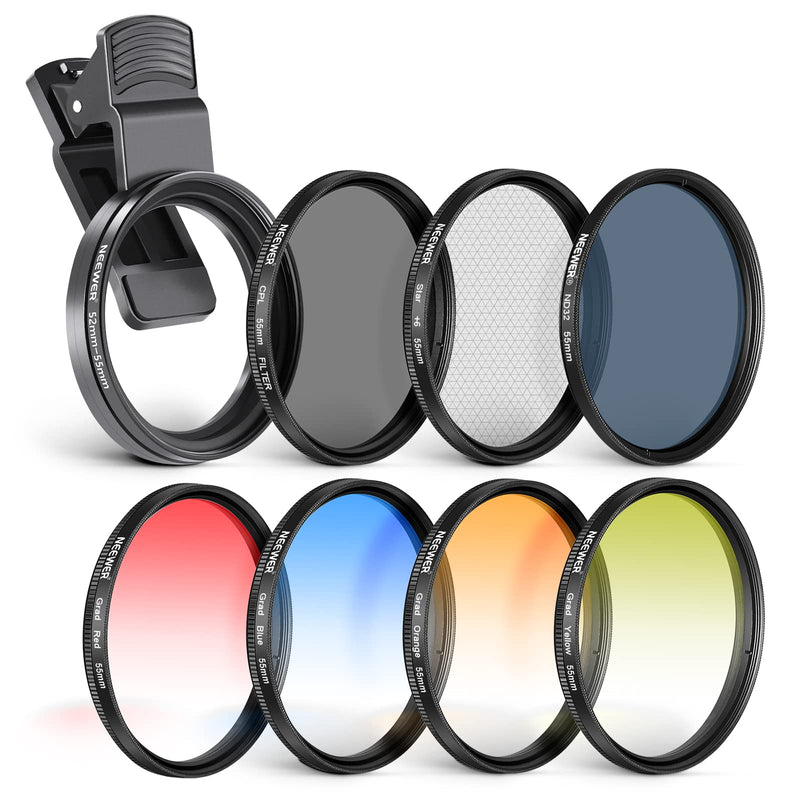  [AUSTRALIA] - NEEWER 55mm Clip On Filters Kit for Phone & Camera, CPL, ND32 ND Filter,Star Filter,4 Graduated Color Filter, 52-55mm Adapter Ring, Phone Lens Clip Compatible with iPhone 14 Pro Max 14 13 12 11