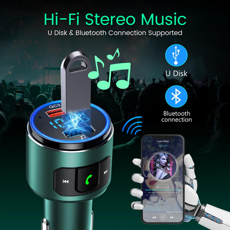  [AUSTRALIA] - Octeso Upgraded V5.0 FM Bluetooth Transmitter Car, QC3.0 & LED Backlit Wireless Bluetooth FM Radio Adapter Music Player/Car Kit with Hands-Free Calls, Siri Google Assistant-Green Green