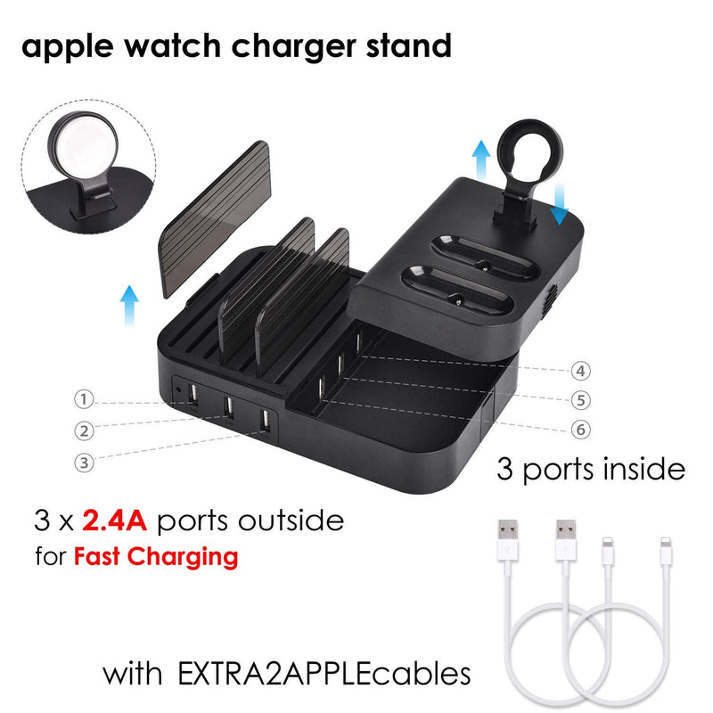  [AUSTRALIA] - Charging Station for Multiple Devices 6 Port 30W MUZHI Fast Multi USB Charger Station Dock HUB Desktop Wall Charge Stand Organizer for iPad iPhone Airpods iwatch Kindle Tablet Smart Cell Phones Black