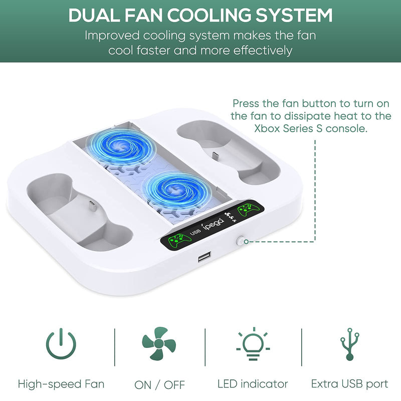  [AUSTRALIA] - Upgraded Cooling Stand for Xbox Series S Console with Dual Cooling Fan 3 Speed Adjustable, Dual Controller Charger with LED Indicator and Extra Two 1400mAh Rechargeable Battery(Not for Xbox One S/X)