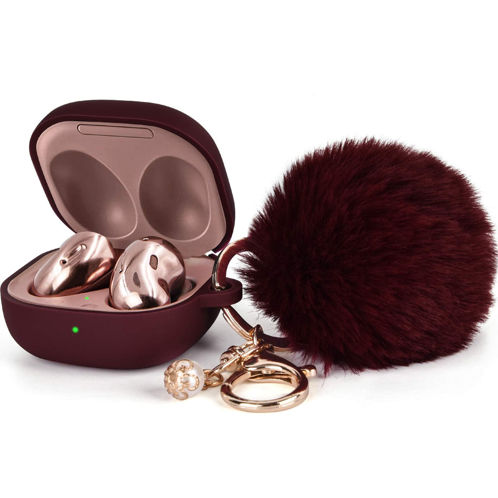 [AUSTRALIA] - Filoto Case for Samsung Galaxy Buds 2 / Buds Live/Buds Pro/Buds 2 Pro, Cute Silicone Earbuds Protective Case Cover with Pompom Keychain Accessories for Women Girls (Burgundy) Burgundy
