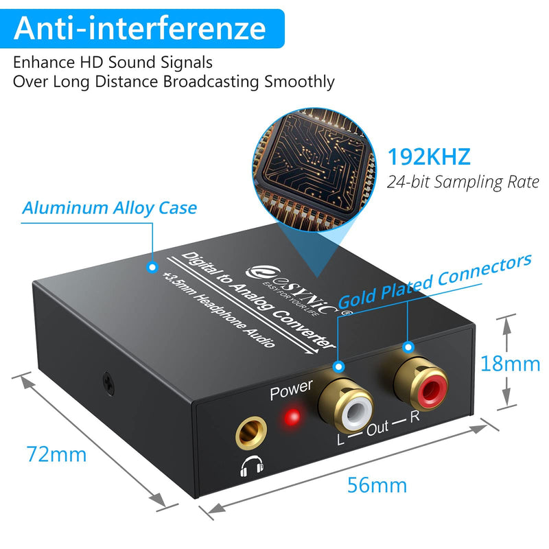  [AUSTRALIA] - eSynic 192KHz DAC Digital to Analog Audio Converter Digital Optical SPDIF Coaxial to Analog L/R RCA Converter Toslink to 3.5mm Jack Audio Adapter with 1m Optical Cable for HDTV Blu Ray HD DVD TV