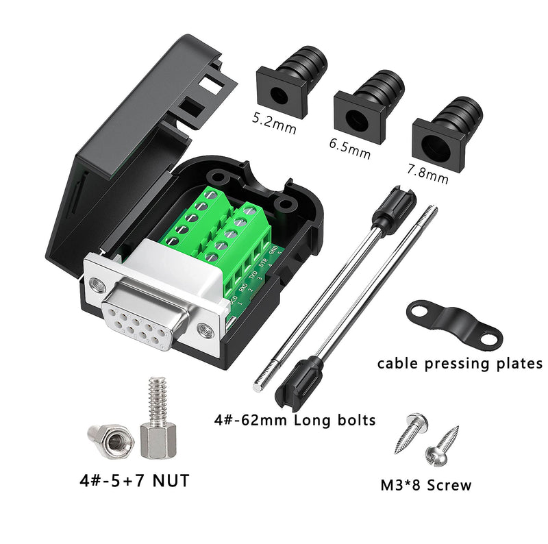  [AUSTRALIA] - JUXINICE 2PCS DB9 Female adapters DIY rs485 RS232 9 pin Serial Cable, RS232 D-SUB 9 Serial Solderless Adapters Connector Breakout Board Bolts or Nuts (2PCS Females) 2PCS Female gold plat PIN+Bolts and Nuts