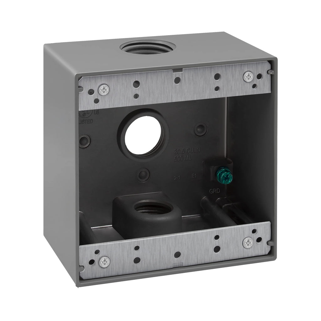  [AUSTRALIA] - ENERLITES Weatherproof Outlet Box with Three 3/4-in Threaded Outlets, Outdoor Electrical Box, 3 Holes 0.75” Each, 2-Gang, 4.53” Height x 4.53” Length x 2.16” Depth, EN2375 0.75 Inch