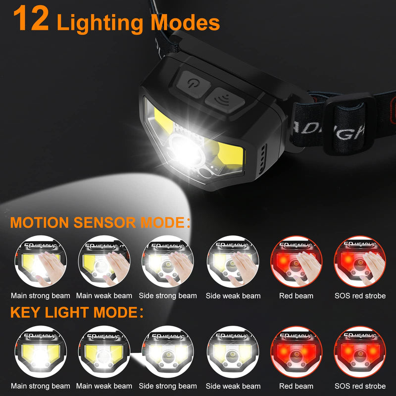  [AUSTRALIA] - Curtsod Headlamp Rechargeable, 1200 Lumen Super Bright with White Red LED Head Lamp Flashlight, 12 Modes, Motion Sensor, Waterproof, Outdoor Fishing Camping Running Cycling Headlight 1-PACK