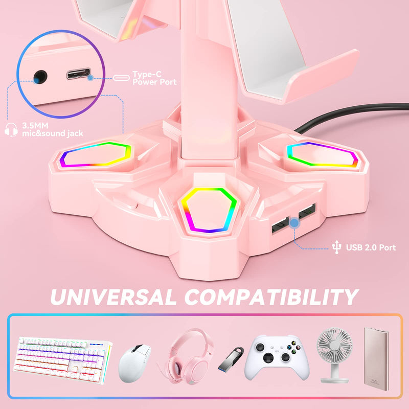  [AUSTRALIA] - KDD RGB Headphone Stand with 9 Light Modes - Rotatable Pink Game Headset Holder with 3.5mm AUX & 2 USB Port - Suitable for PC Desk Accessories Gamers Gift(Pink)