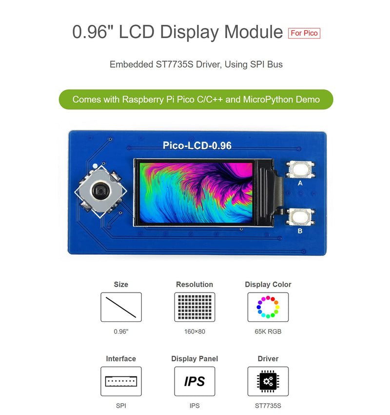  [AUSTRALIA] - waveshare 0.96 inch LCD Display for Raspberry Pi Pico, 65K Colors Display Module, IPS Screen, 160×80 Pixels, Embedded ST7735S Driver, Using SPI Bus, Compatible with Raspberry Pi Pico Header 0.96inch IPS LCD for Pico