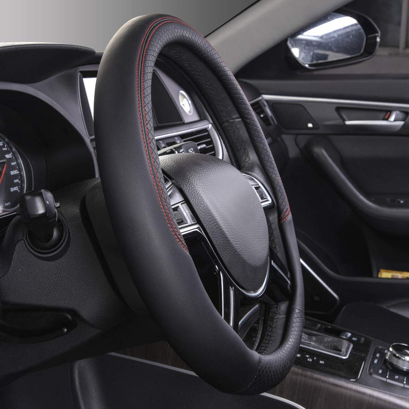  [AUSTRALIA] - CAR PASS Rhombus Leather Universal Steering Wheel Cover, Fit for Suvs,Trucks,Cars,Sedans,Vans(Black and Black) Black And Black