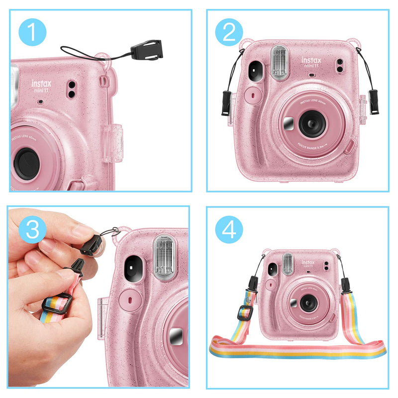  [AUSTRALIA] - Fintie Protective Clear Case for Fujifilm Instax Mini 11 Instant Film Camera - Crystal Hard Shell Cover with Removable Rainbow Shoulder Strap, Glittering Pink