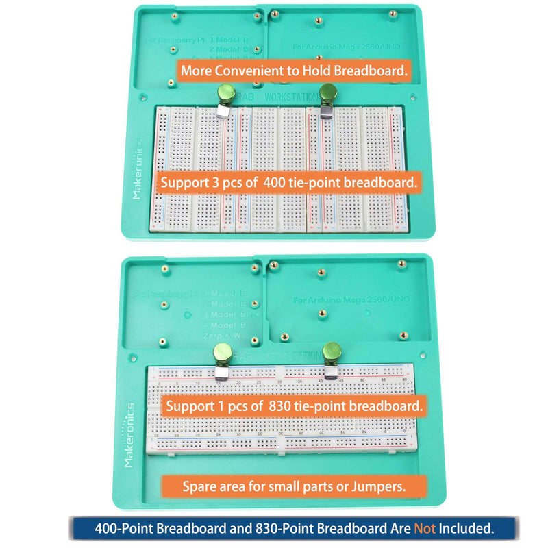  [AUSTRALIA] - Makeronics 7 in 1 Green RAB Holder for Raspberry Pi | Arduino | Solderless Breadboard, Base Plate with Rubber Feet for Raspberry Pi 4 Model B|3B+/B|2B+/B|Zero |Zero W and Arduino Mega 2560 | Uno R3