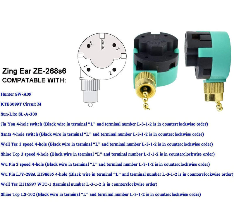  [AUSTRALIA] - Ceiling Fan Replacement Parts Zing Ear ZE-268S6, Ceiling Fan Switch 3 Speed 4 Wire Pull Chain Cord Switch Speed Control Compatible with Hunter Ceiling Fans Wall Lamps (Brass Pull Chain) BRASS