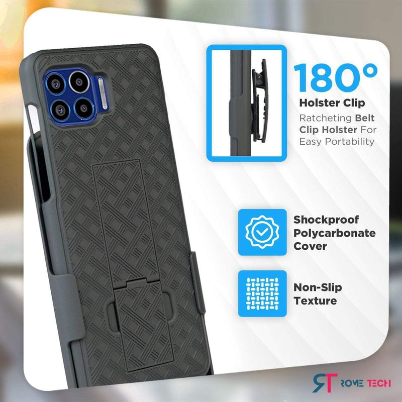 Rome Tech Belt Clip Holster Phone Case for Moto One 5G [NOT for ACE/UW] Slim Heavy Duty Rugged Cover with Kickstand Compatible with Moto One 5G - Black - LeoForward Australia