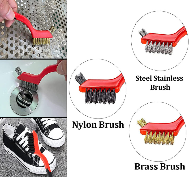  [AUSTRALIA] - 3PCS Wire Brush Set Nylon/Brass/Stainless Steel Bristles with Curved Handle Grip for Rust, Dirt & Paint Scrubbing with Deep Cleaning