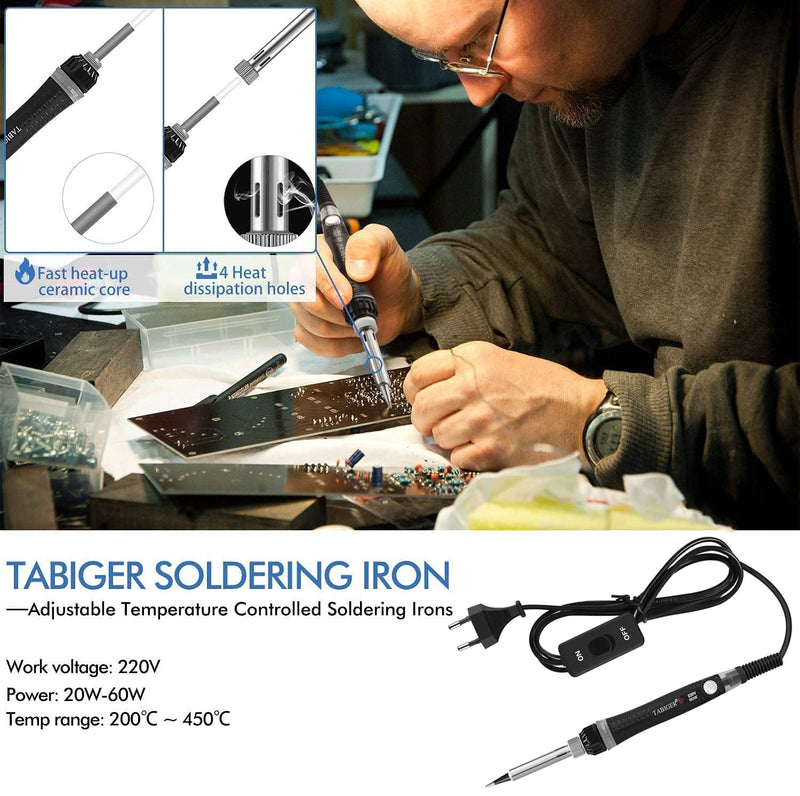  [AUSTRALIA] - Tabiger soldering iron set 14-in-1 with adjustable temperature 200-450 °C, ON/OFF switch, 60W/220V soldering set with 5 soldering tips, desoldering pump, solder, tweezers, soldering station, carrying case and more