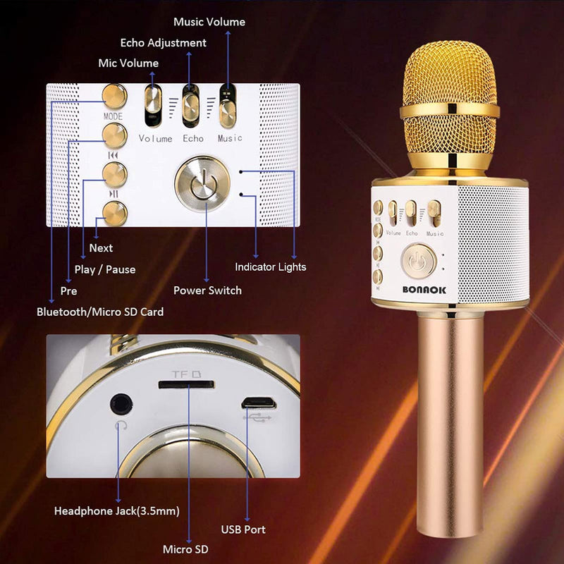 [AUSTRALIA] - BONAOK Wireless Bluetooth Karaoke Microphone,3-in-1 Portable Handheld Karaoke Mic Speaker Machine Birthday Home Party for PC or All Smartphone (Q37 Gold)