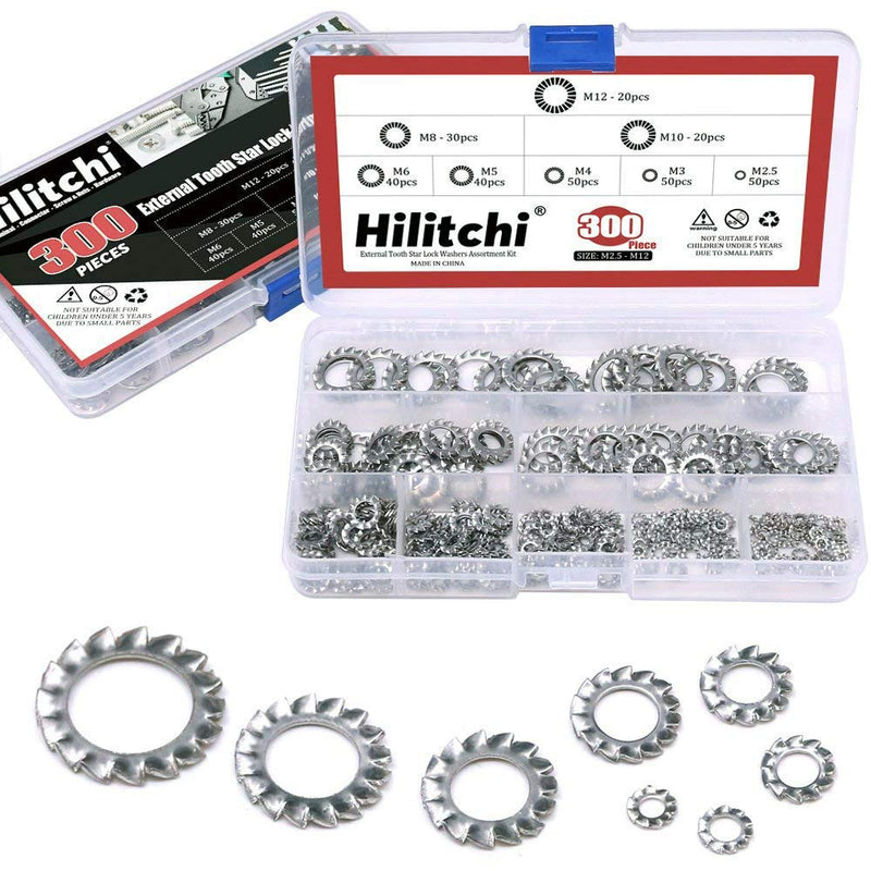 [AUSTRALIA] - Hilitchi 300-Pcs 304 Stainless Steel External Tooth Star Lock Washers Assortment Kit - Included: M2.5 M3 M4 M5 M6 M8 M10 M12