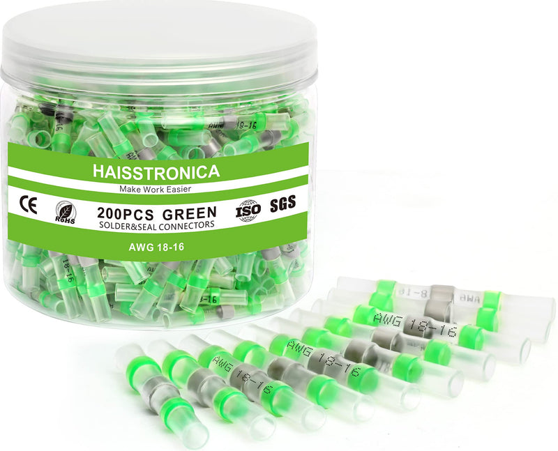  [AUSTRALIA] - haisstronica 200PCS 18-16 Green Solder Seal Wire Connectors,Waterproof Wire Connectors, Heat Shrink Butt Connectors for Watercraft,Electrical,Electronics,Marine,Stereo AWG 18-16 Green 200
