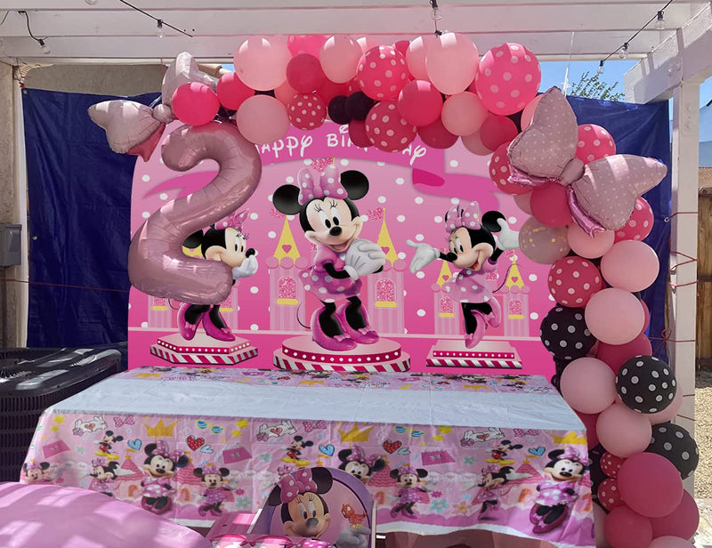  [AUSTRALIA] - Pink Cartoon Mouse Backdrop and Tablecloth Girls Happy Birthday Party Backdrop 6x4FT and Table Covers 70x42in Cartoon Mouse Theme Party Decorations Supplies