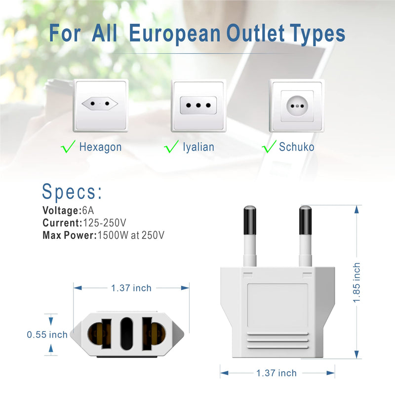  [AUSTRALIA] - 6PCS Us to Europe Plug Adapter，Adapters for European Outlets，220v to 110v Electrical Eu Plug Converter for Travel，Usa American to Euro Plug Adapter，Type C Plug European Power Converter Adapters