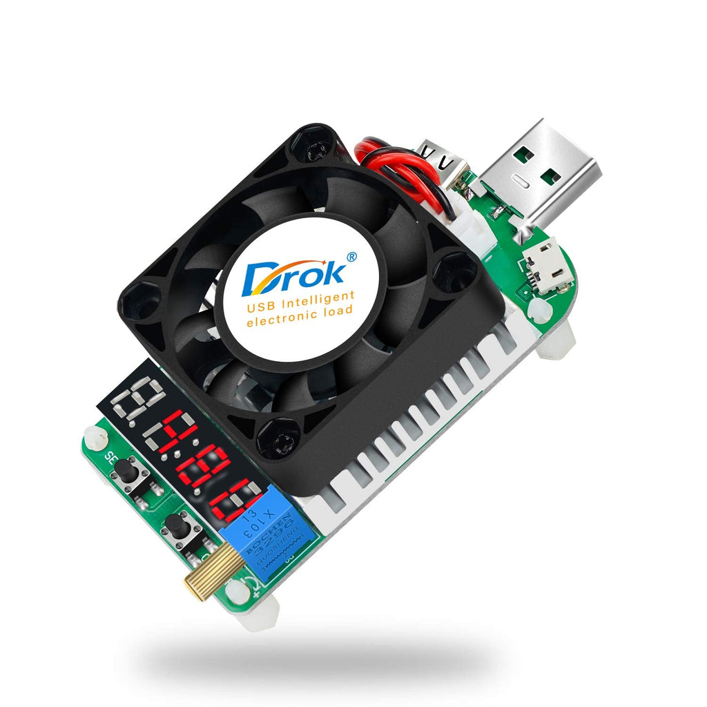  [AUSTRALIA] - USB Load Tester, DROK Electronic Load Test Resistor Module 25W LD25 USB and Type C Interface Discharge Adjustable Constant Current 0.25A-4A Intelligent Temperature Control with Cooling Fan