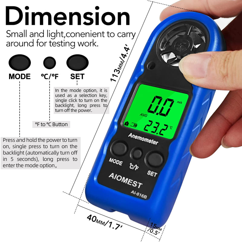  [AUSTRALIA] - AIOMEST Wind Meter, 816B Digital Anemometer Handheld Wind Meter with Backlight, Wind Chill, MAX/AVG for Measuring Wind Speed and Air Temperature. 1PCS