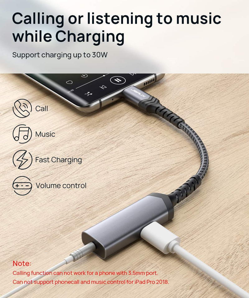 [AUSTRALIA] - JSAUX USB C to 3.5mm Headphone and Charger Adapter, 2-in-1 USB C to AUX Mic Jack with PD 60W Fast Charging for Stereo, Earphones,Compatible with Galaxy S20/S21/S22 Note 20/10, Pixel 2/3/4 XL,-Grey Grey