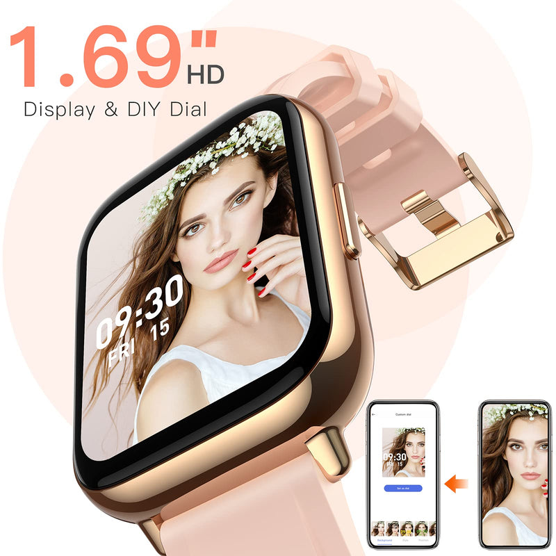  [AUSTRALIA] - AGPTEK Smart Watch, 1.69"(43mm) Smartwatch for Android and iOS Phones IP68 Waterproof Fitness Tracker Watch Heart Rate Monitor Pedometer Sleep Monitor for Men Women Rose gold case with pink band