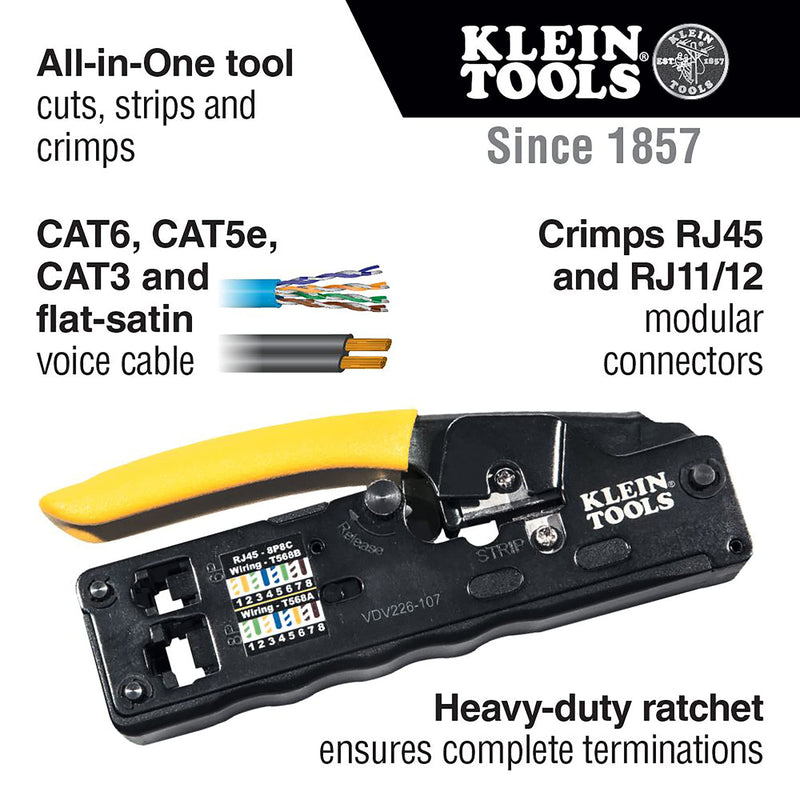  [AUSTRALIA] - Klein Tools VDV226-107 Compact Ratcheting Modular Data Cable Crimper / Wire Stripper / Wire Cutter, CAT6, CAT5, CAT3, Flat-Satin Voice Cable Crimper, Data, Compact RJ45
