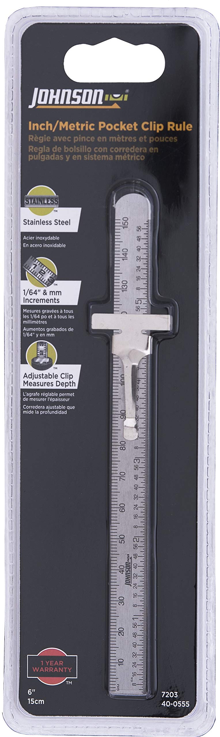  [AUSTRALIA] - Johnson Level & Tool 7203 Stainless Steel Metric Pocket Clip Rule, 6", Silver, 1 Ruler