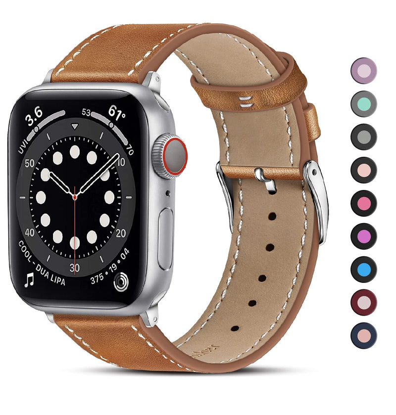  [AUSTRALIA] - Marge Plus Compatible with Apple Watch Band Series SE 7 6 5 4 3 2 1 45mm 41mm 44mm 40mm 42mm 38mm, Genuine Leather Replacement Band for iWatch, Leather Apple Watch Strap for Women & Men, Brown A-Brown/Silver 38mm / 40mm / 41mm