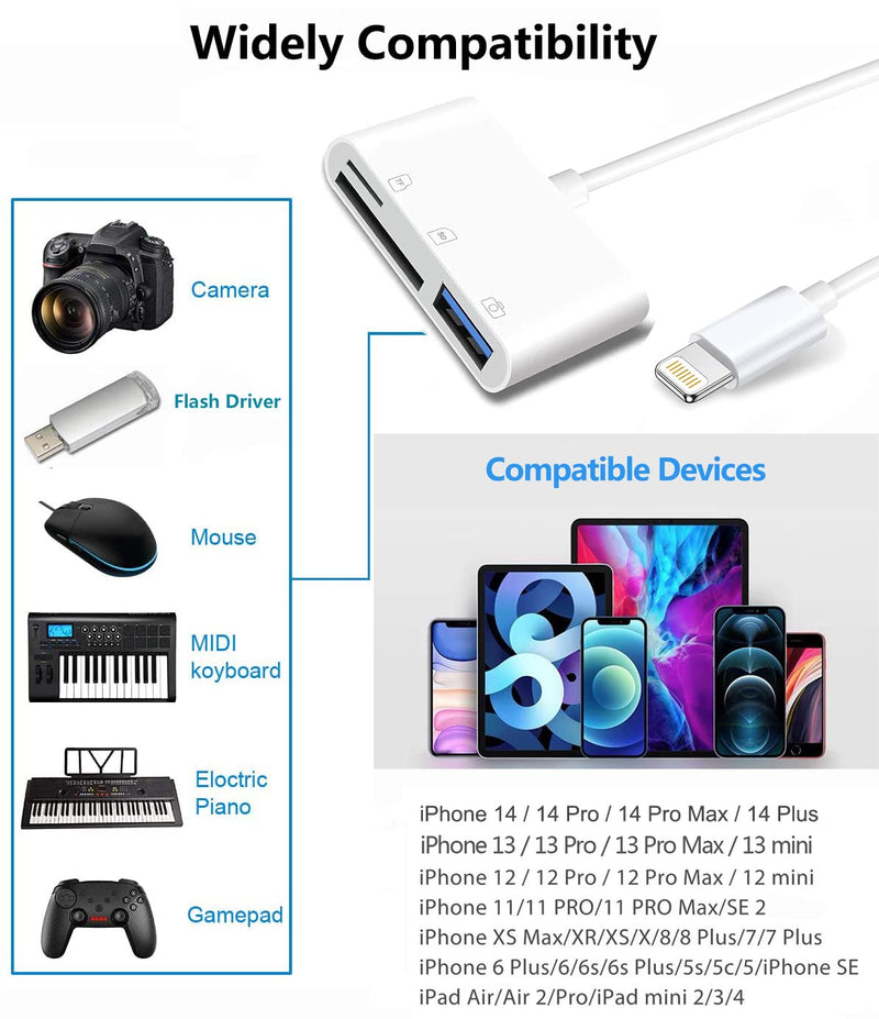  [AUSTRALIA] - Apple Lightning to SD & TF Card USB Camera Adapter for iPhone/iPad, 3 in 1 Card Reader USB Dongle for USB Flash Drive, Keyboard, Mouse, Hubs, MIDI, Micro SD TF Memory Card, Plug & Play