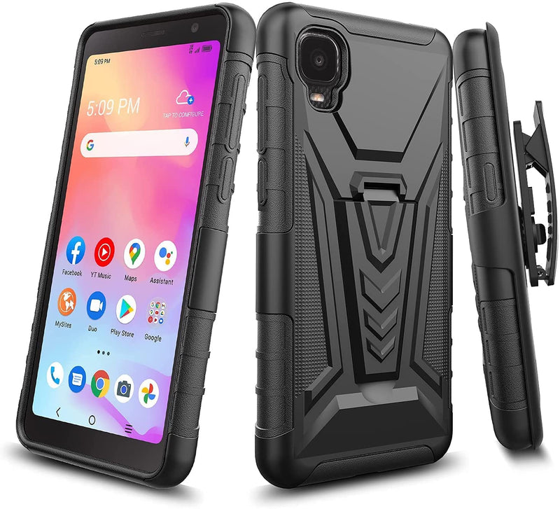  [AUSTRALIA] - FLYME for Alcatel TCL A3 A509DL Case with Tempered Glass Screen Protector (2 Pack), Heavy Duty Shockproof Anti-Scratch Non-Slip Armor Dual Layer Kickstand Belt Clip Holster Case,Black Black