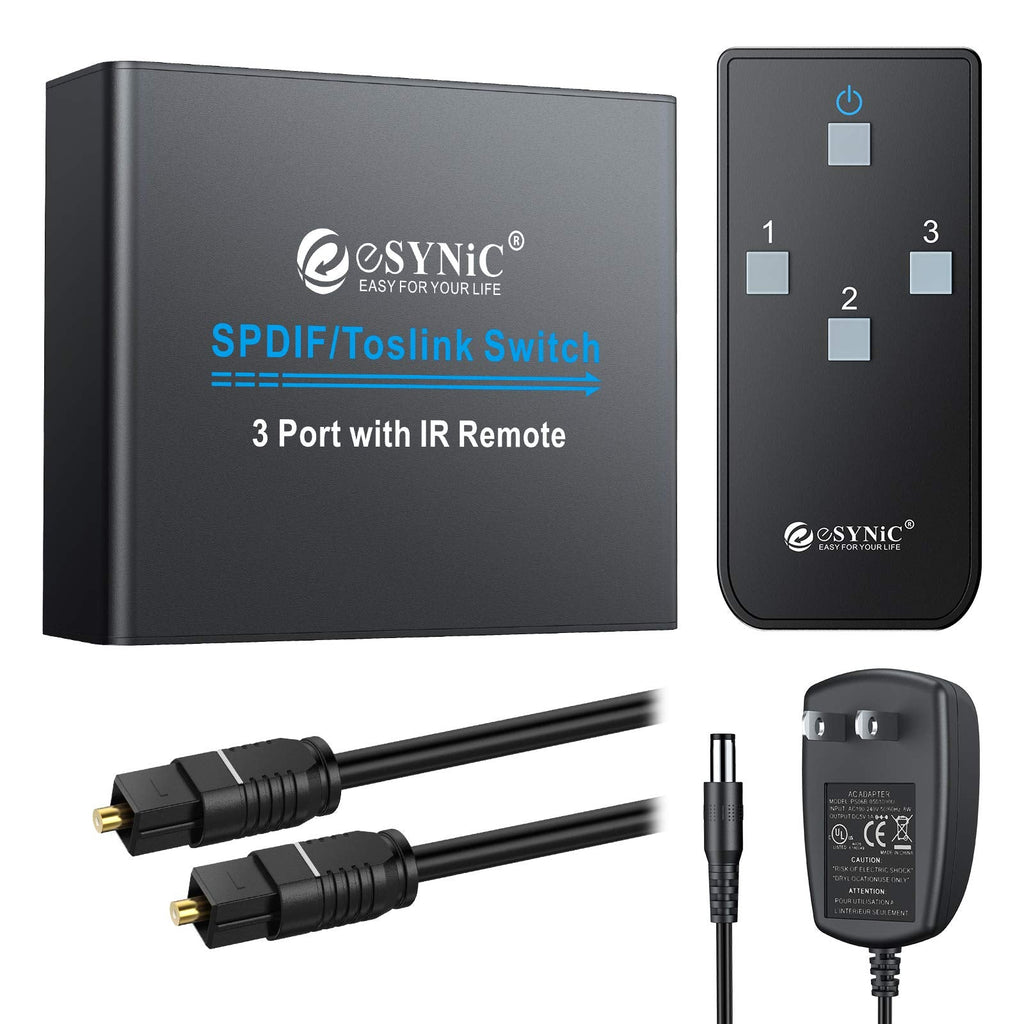  [AUSTRALIA] - eSynic Optical Switch, SPDIF TOSLINK Digital Optical Audio Switch 3 in 1 Out with Remote Control & Optical Audio Cable 6 feet for PS3 Xbox Blue-Ray DVD HDTV