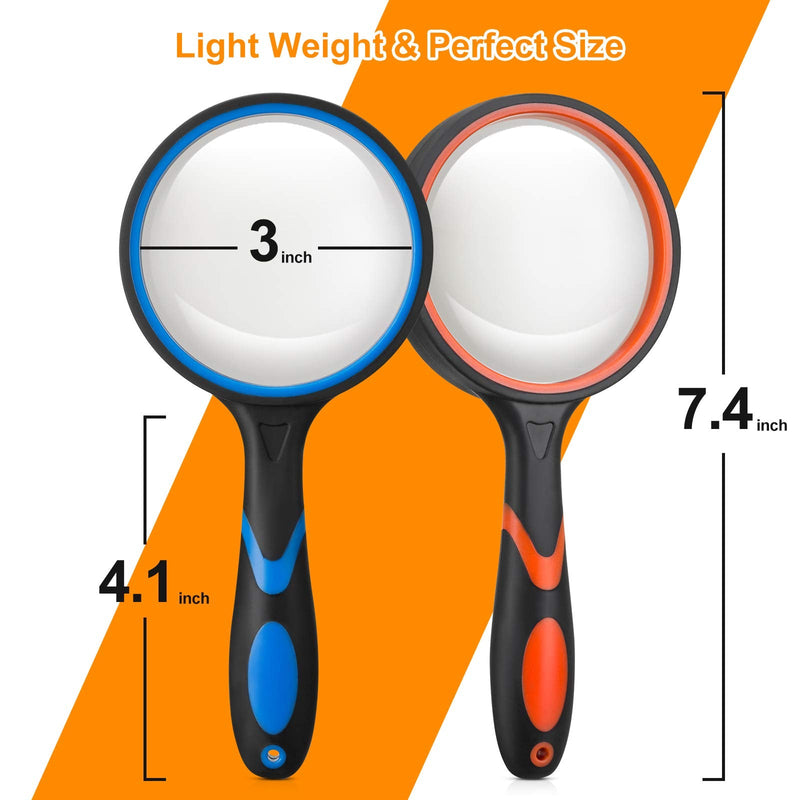  [AUSTRALIA] - 2PCS Upgrade Large Magnifying Glasses, 4X Handheld Reading Magnifier Magnafying. Glass for Kids/Seniors, 3 Inch Shatterproof Lupa Magnify Glass Lens, Rubber Handle of Perforating Design - Observation