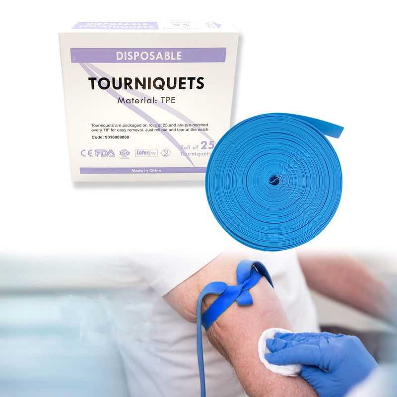  [AUSTRALIA] - Med Tourniquet - Disposable, Latex Free, TPE, 18 Inch Long, Roll of 25 pcs, Blue 25 Count (Pack of 1)