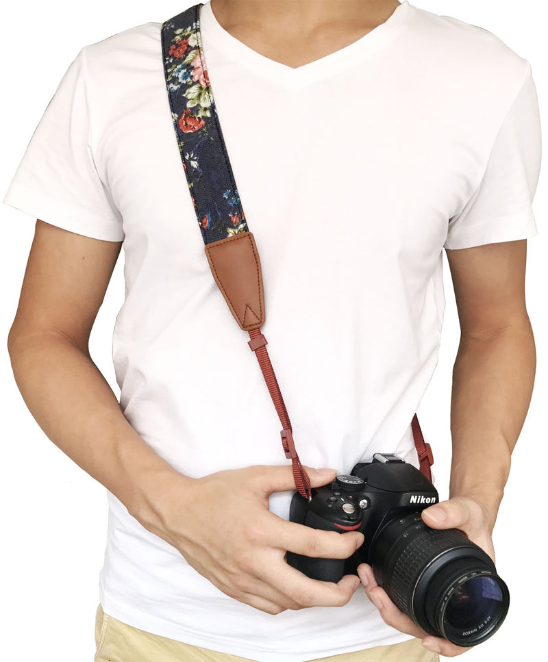  [AUSTRALIA] - Camera Strap Neck, Adjustable Vintage Floral Camera Straps Shoulder Belt for Women /Men,Camera Strap for Nikon / Canon / Sony / Olympus / Samsung / Pentax ETC DSLR / SLR Cowhide black