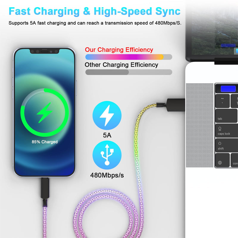  [AUSTRALIA] - Light Up iphone Charger Cable 20W Fast Charging LED iPhone Charger Cable MFi Certified iphone RGB LED Flowing Lightning Cable Apple Car Charging USB to Lightning Data Sync Cable for iPhone Carplay 3FT