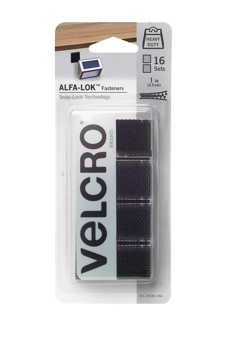  [AUSTRALIA] - VELCRO Brand - VEL-30180-USA ALFA-LOK Fasteners | Heavy Duty Snap-Lock Technology | Self-Engaging and Multidirectional Use | Black, 1 inch Squares, 16 Sets
