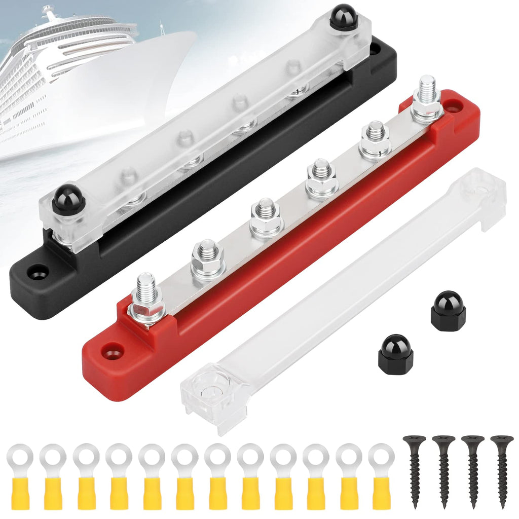  [AUSTRALIA] - Linkstyle 2 Pcs Bus Bar, 12 Volt Power Distribution Block with 6 x 1/4" (M6) Terminal Studs with Cover, Battery Bus Bar with Ring Terminals for 12V-48V Automotive Car Boat Bus Bar Solar System