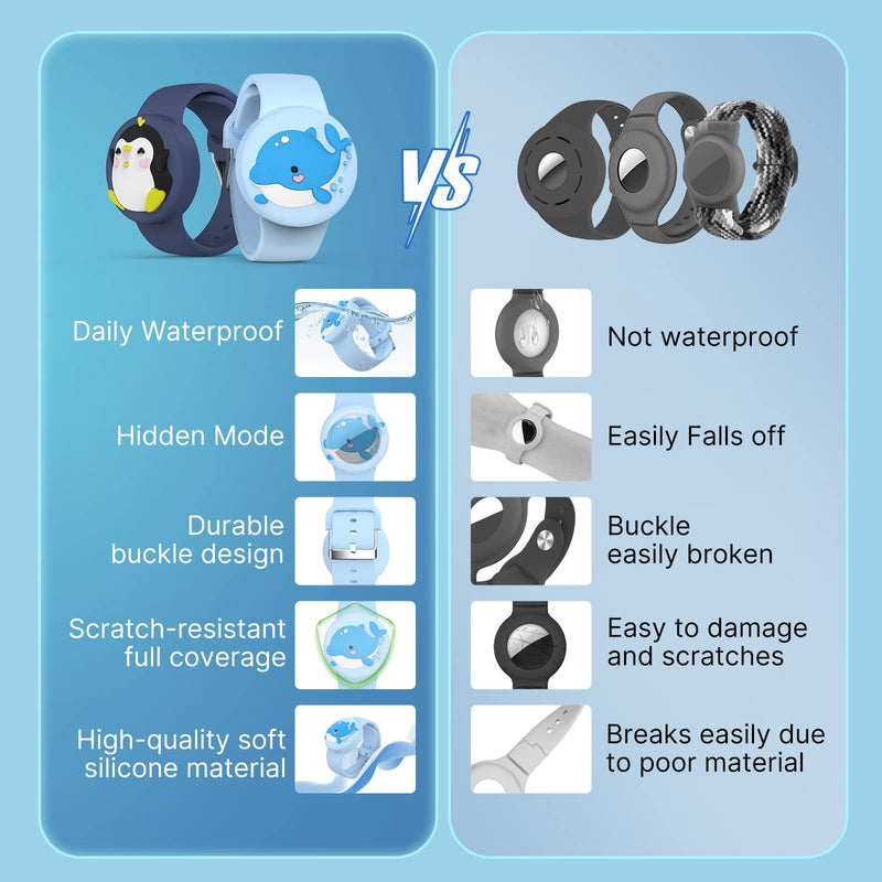  [AUSTRALIA] - Waterproof Air tag Bracelets For Kids (2 Pack) - Soft Silicone Hidden Air tag Wristband - Lightweight GPS Tracker Holder Compatible with Apple Airtag Watch Band For Child (Penguin & Whale) Penguin & Whale