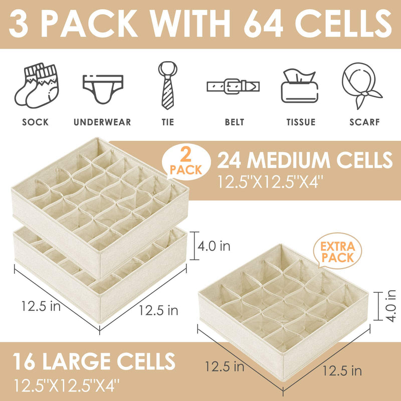 3 Pack Sock Underwear Organizer Dividers, 64 Cell Fabric Foldable Cabinet Closet Organizers and Storage Boxes for Storing Socks, Underwear, Ties (16+24+24 Cell, Beige) - LeoForward Australia