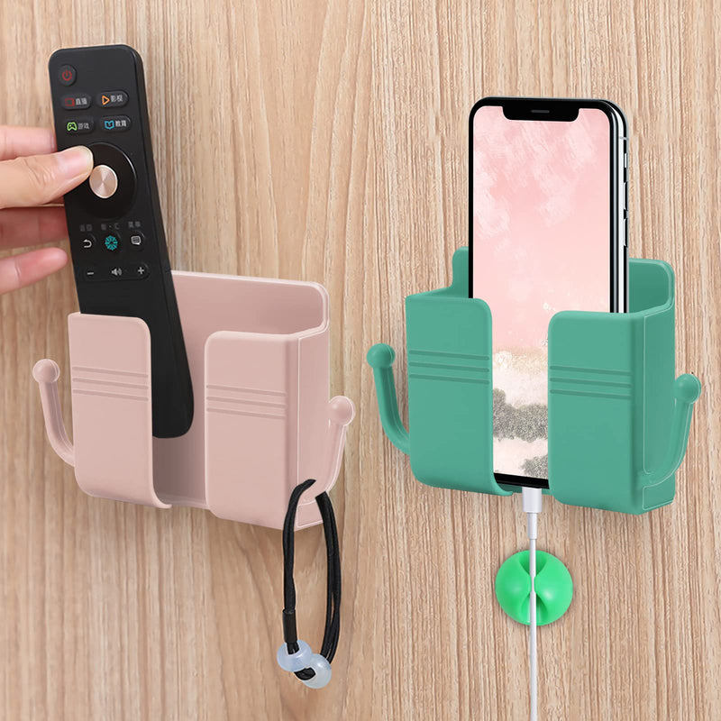  [AUSTRALIA] - Rowphya 4Pcs Wall Phone Holder Self-Adhesive,Charging Phone Stand Remote Wall-Mounted Phone Brackets Holder for Bedroomwith 4 Cable Clips Storage Box Plastic with Hooks for Phones Remote Control