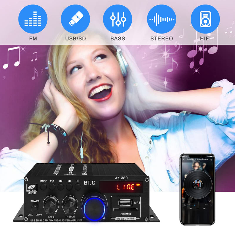  [AUSTRALIA] - Bluetooth 5.0 Audio Power Amplifier AK-380 400W+400W 2.0 CH HiFi Stereo Amp Receiver with USB,SD,AUX,Remote Control,FM Antenna for Car Home Speaker Car Bar Party-Without Adapter