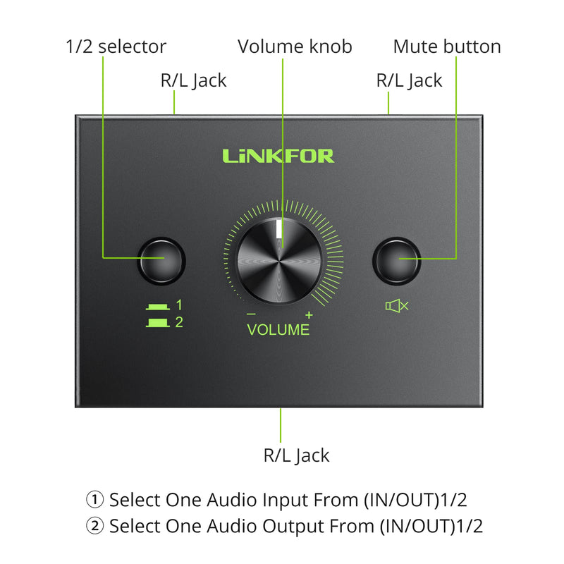  [AUSTRALIA] - Audio Switch, LiNKFOR 2 Ports 3.5mm Stereo Audio Selector Box with 3.5mm Audio Cable Support 1 in 2 Out / 2 in 1 Out, Mute Button Compatible with PC, CD Player, Laptop, Headphone, Plug & Play