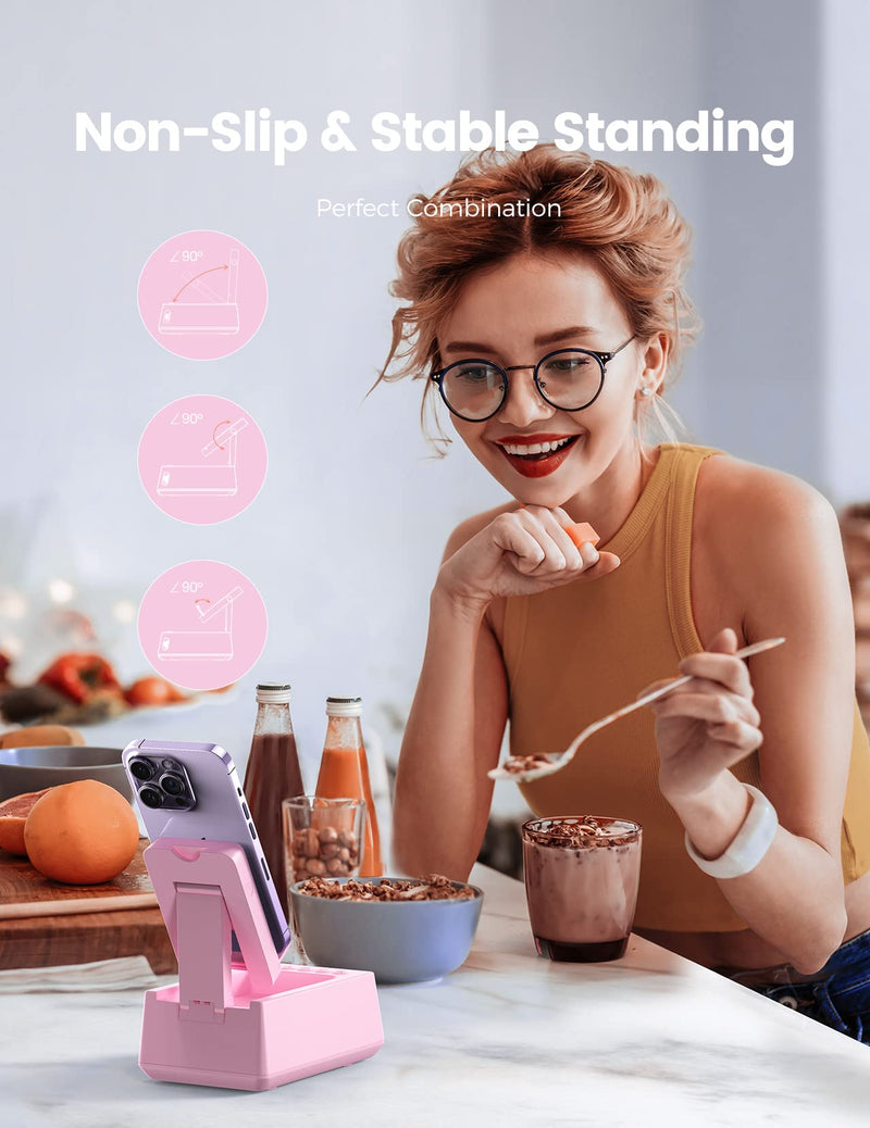  [AUSTRALIA] - Gifts for Him, Her, Cell Phone Stand Bluetooth Speakers, Cool Tech Kitchen Gadgets, Adjustable Phone Holder with LCD Digital Alarm Clock, HD Surround Sound, Birthday for Men Women Dad Who Want Nothing Pink