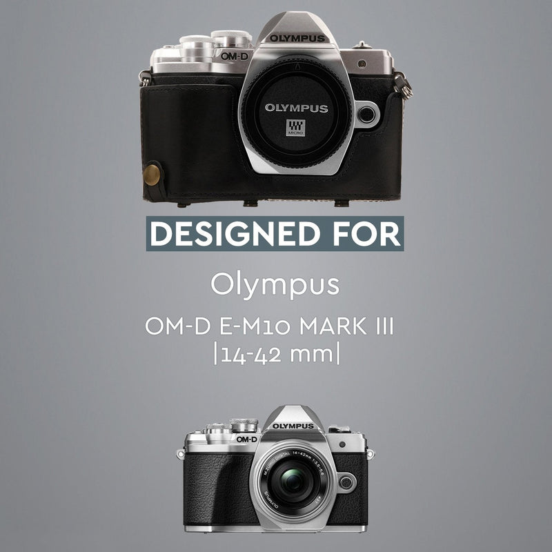  [AUSTRALIA] - MegaGear Olympus OM-D E-M10 Mark III (14-42mm) Ever Ready Leather Camera Case and Strap, with Battery Access - Black - MG1345