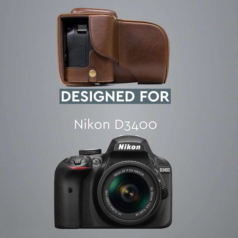  [AUSTRALIA] - MegaGear Ever Ready Leather Camera Case Compatible with Nikon D3400 Dark Brown