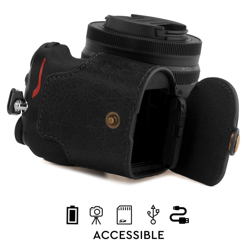  [AUSTRALIA] - MegaGear Ever Ready Genuine Leather Camera Half Case Compatible with Nikon Z50 Black